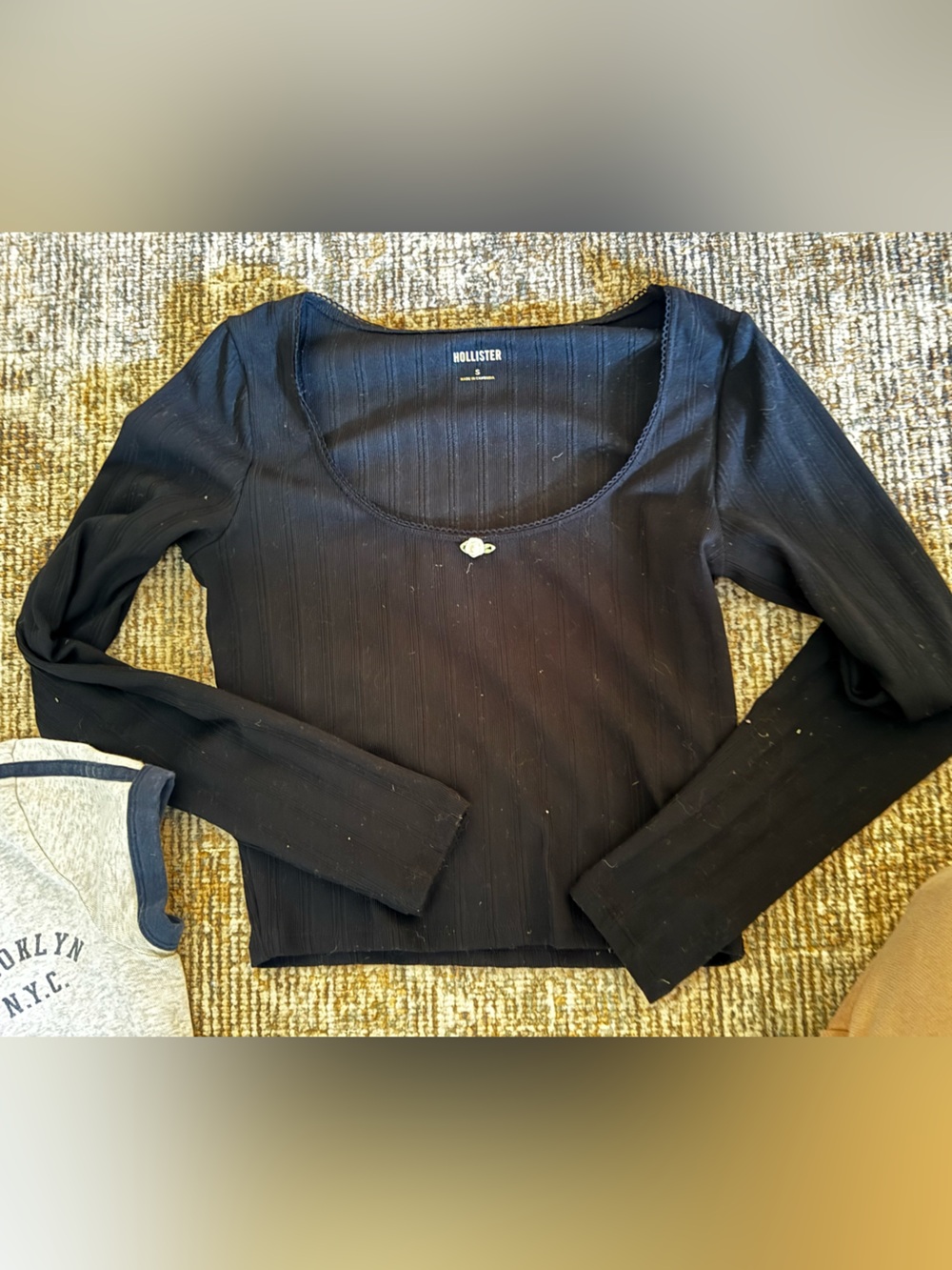 Hollister Black Ribbed Long Sleeve with Flower Detail